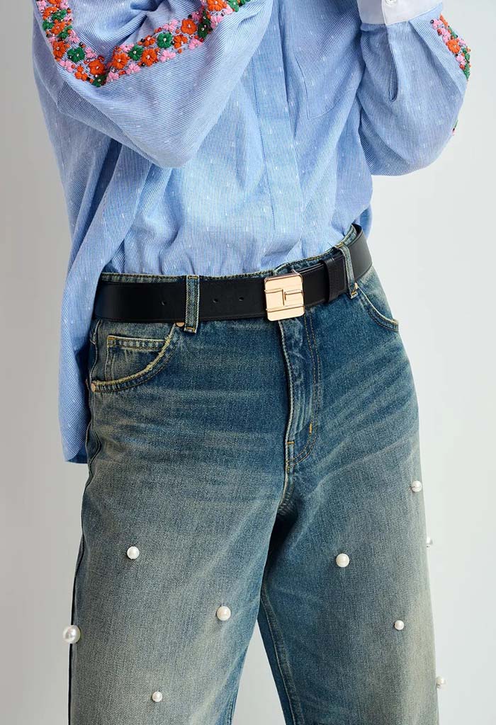 Black Leather Belt - Black/Gold - Image 2