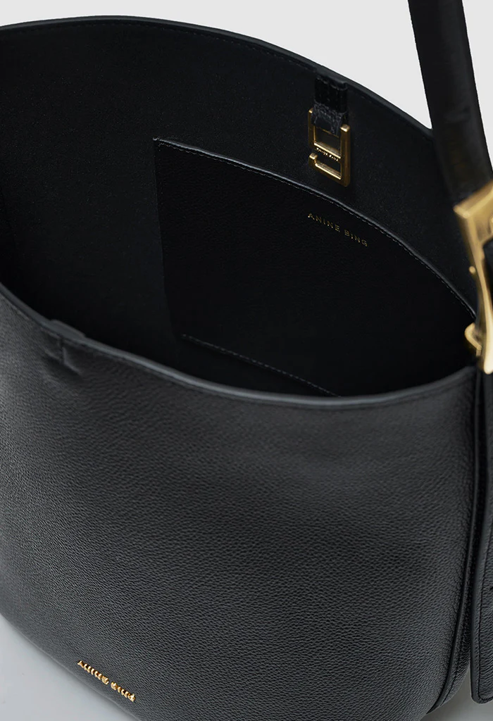 Elly Medium Bucket Bag - Black Grained Leather - Image 3