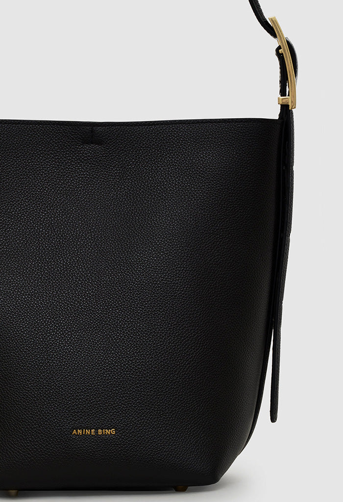 Elly Medium Bucket Bag - Black Grained Leather - Image 4