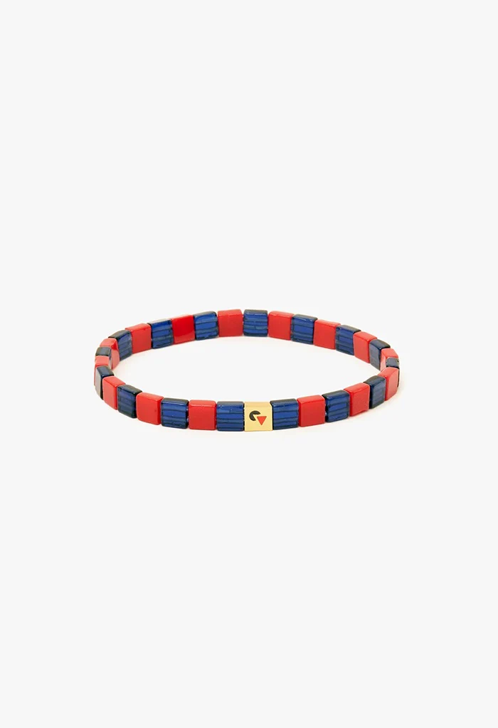 Glass Beaded Stretch Bracelet - Navy/Poppy - Image 3