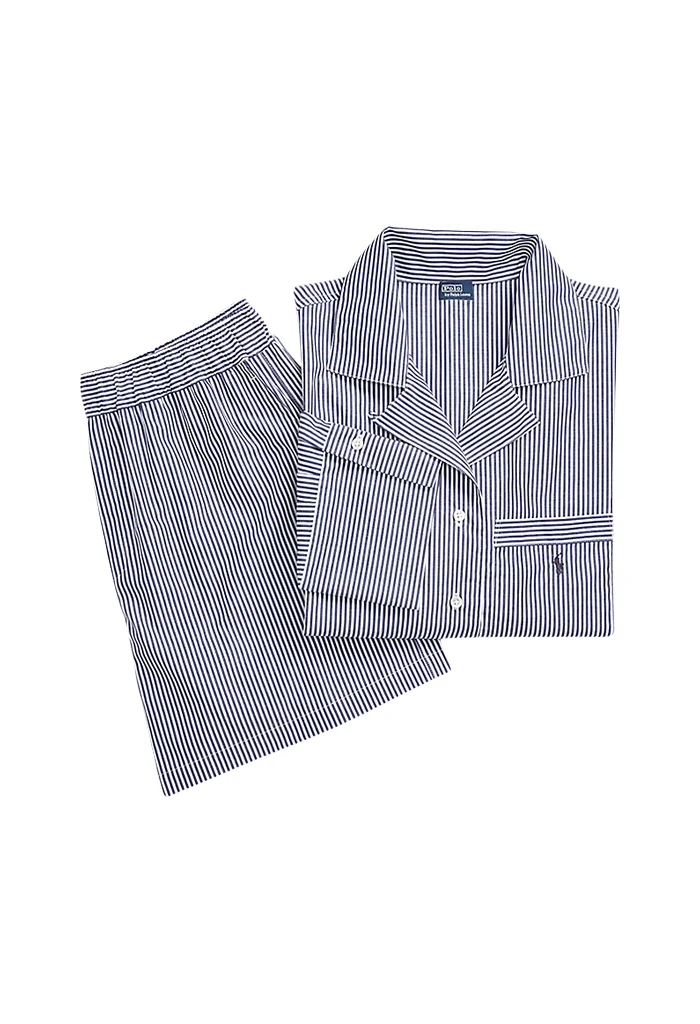 Crop Top & Boxer Poplin Pajama Set - Navy Stripe