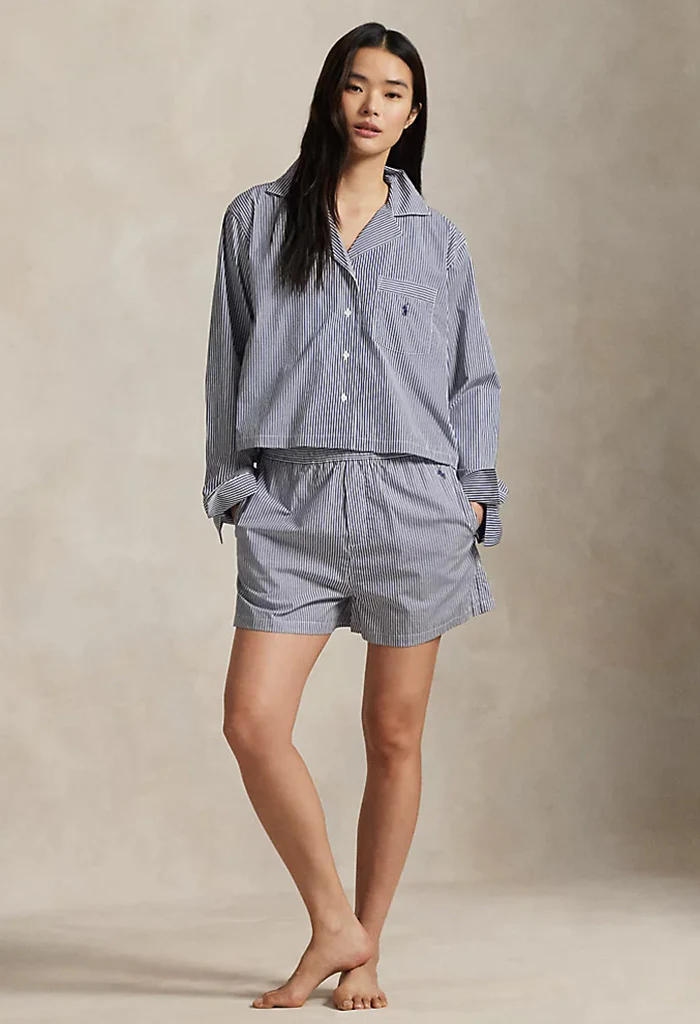Crop Top & Boxer Poplin Pajama Set - Navy Stripe - Image 2