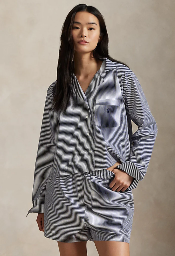 Crop Top & Boxer Poplin Pajama Set - Navy Stripe - Image 3