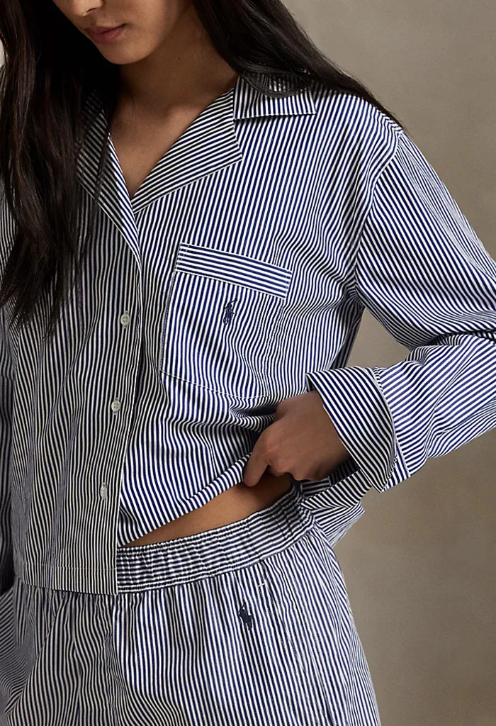 Crop Top & Boxer Poplin Pajama Set - Navy Stripe - Image 4