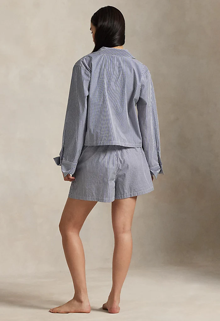 Crop Top & Boxer Poplin Pajama Set - Navy Stripe - Image 5