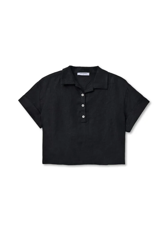 Tabitha linen collared cropped polo tee - True Black