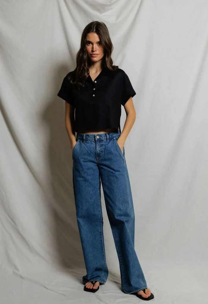 Tabitha linen collared cropped polo tee - True Black - Image 3